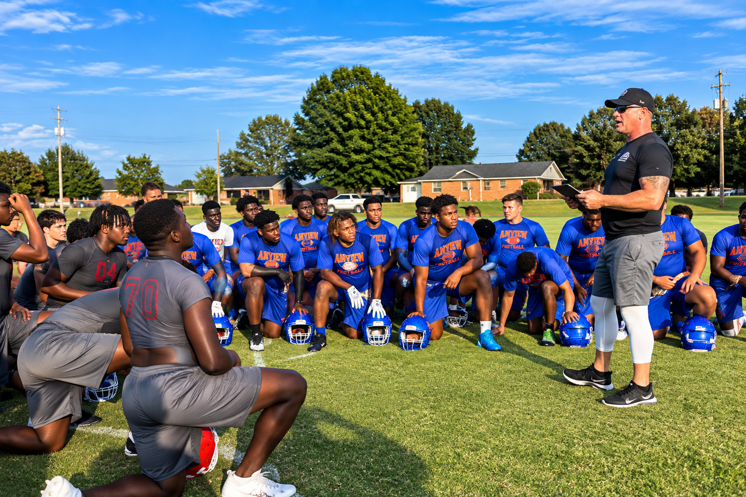 Coach addressing football team on field — team leadership coaching